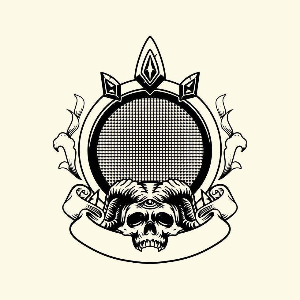 cranio emblema, distintivo, etichetta, logo o maglietta Stampa con monocromatico Vintage ▾ stile corna, bianca sfondo. vettore