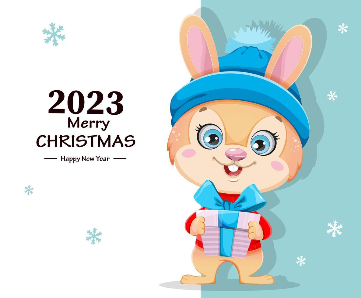 buon natale e felice anno nuovo. coniglio simpatico cartone animato vettore