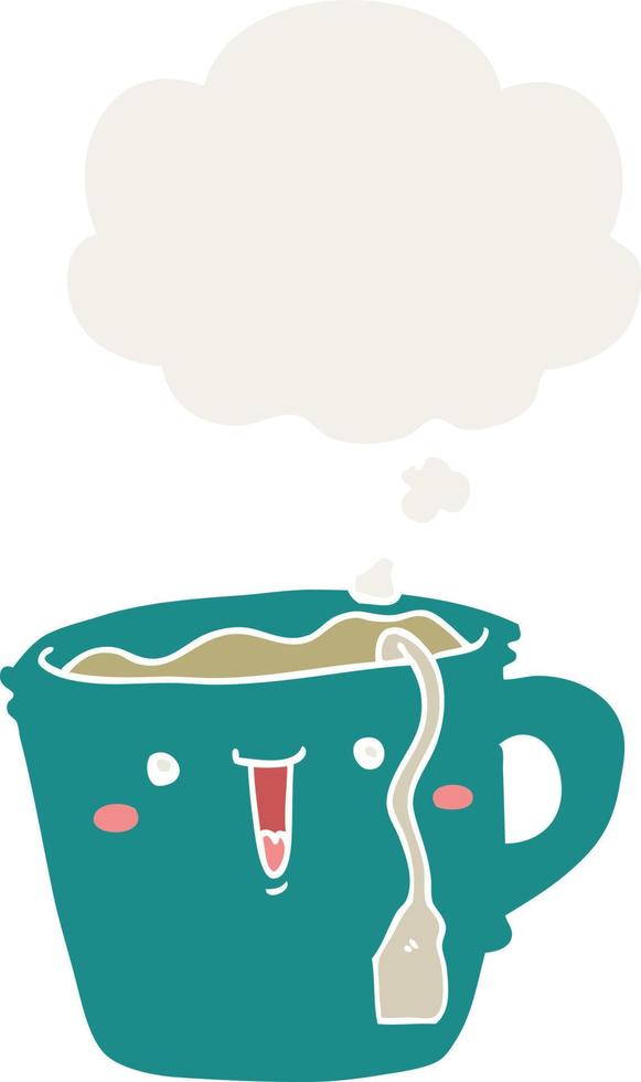 carino cartone animato tazza di caffè e bolla di pensiero in stile retrò vettore