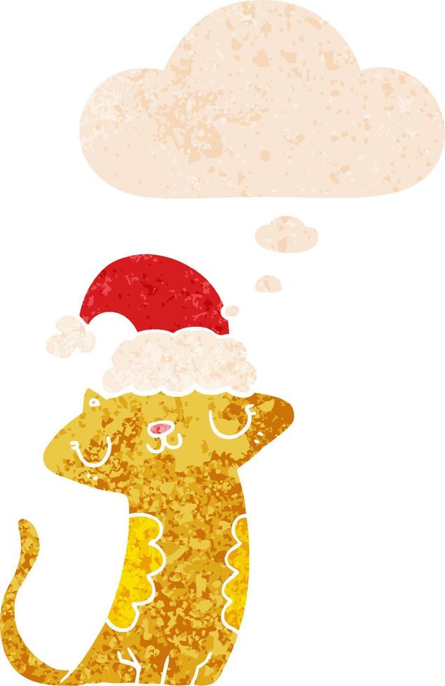 carino cartone animato gatto indossare Natale cappello e pensato bolla nel retrò strutturato stile vettore