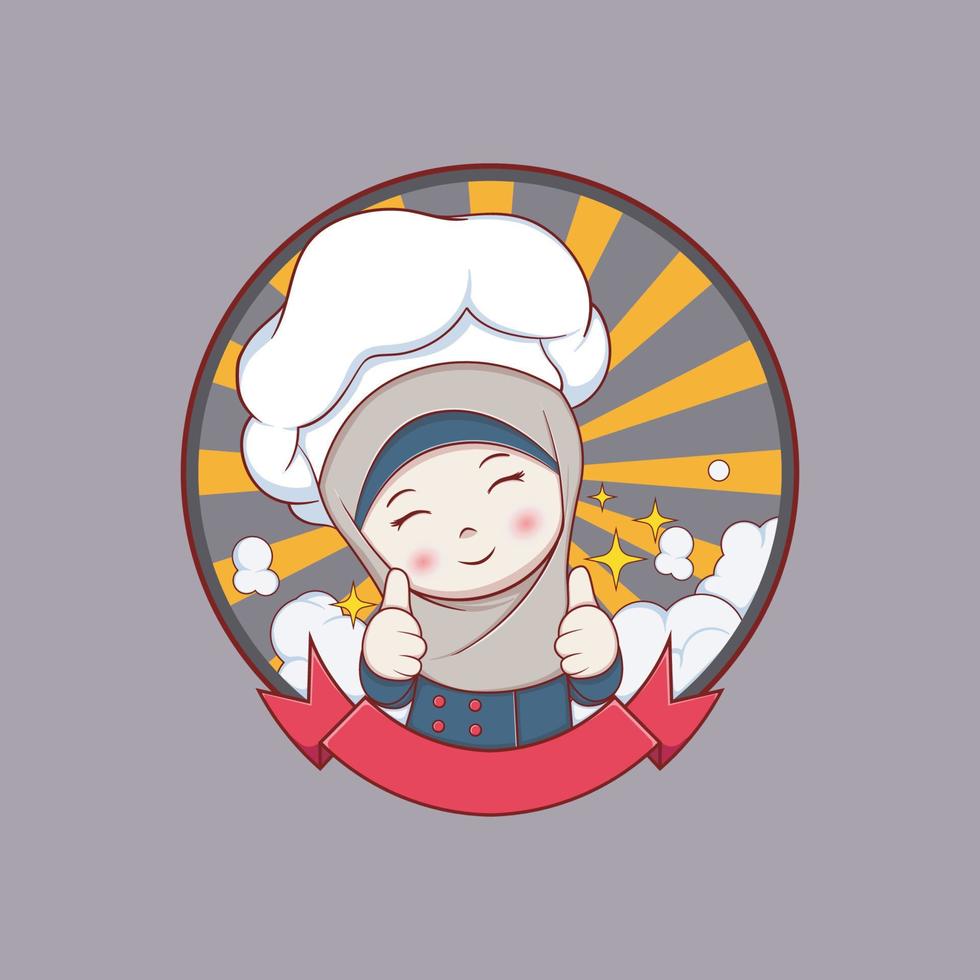 carino hijab capocuoco ragazza sorridente personaggio arte illustrazione logo cartone animato.design vettore