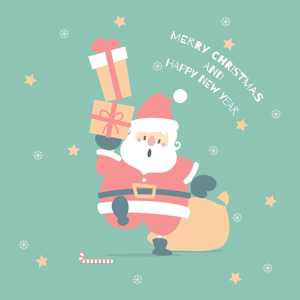 allegro Natale e contento nuovo anno con carino Santa Claus e presente regalo nel il inverno stagione verde sfondo, piatto vettore illustrazione cartone animato personaggio costume design