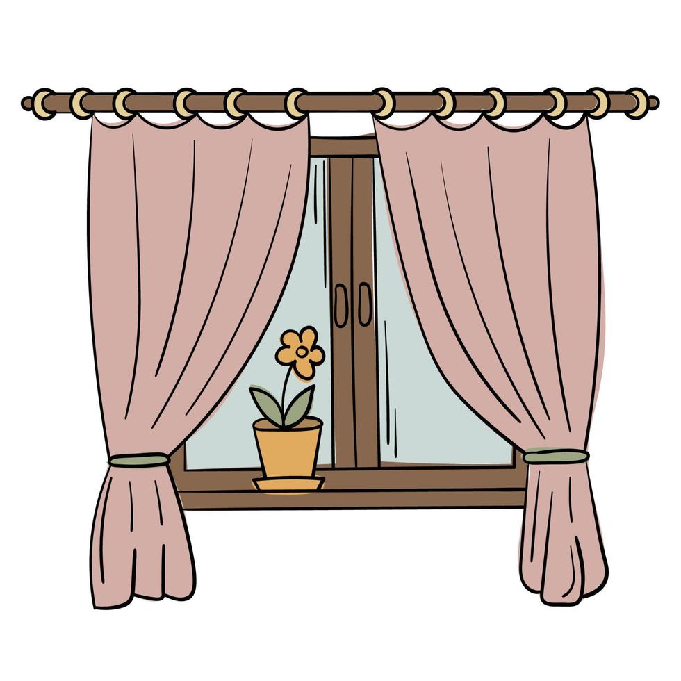 scarabocchio etichetta di un' accogliente finestra con le tende vettore