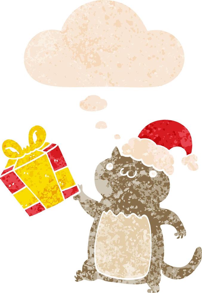 simpatico cartone animato gatto di Natale e bolla di pensiero in stile retrò strutturato vettore