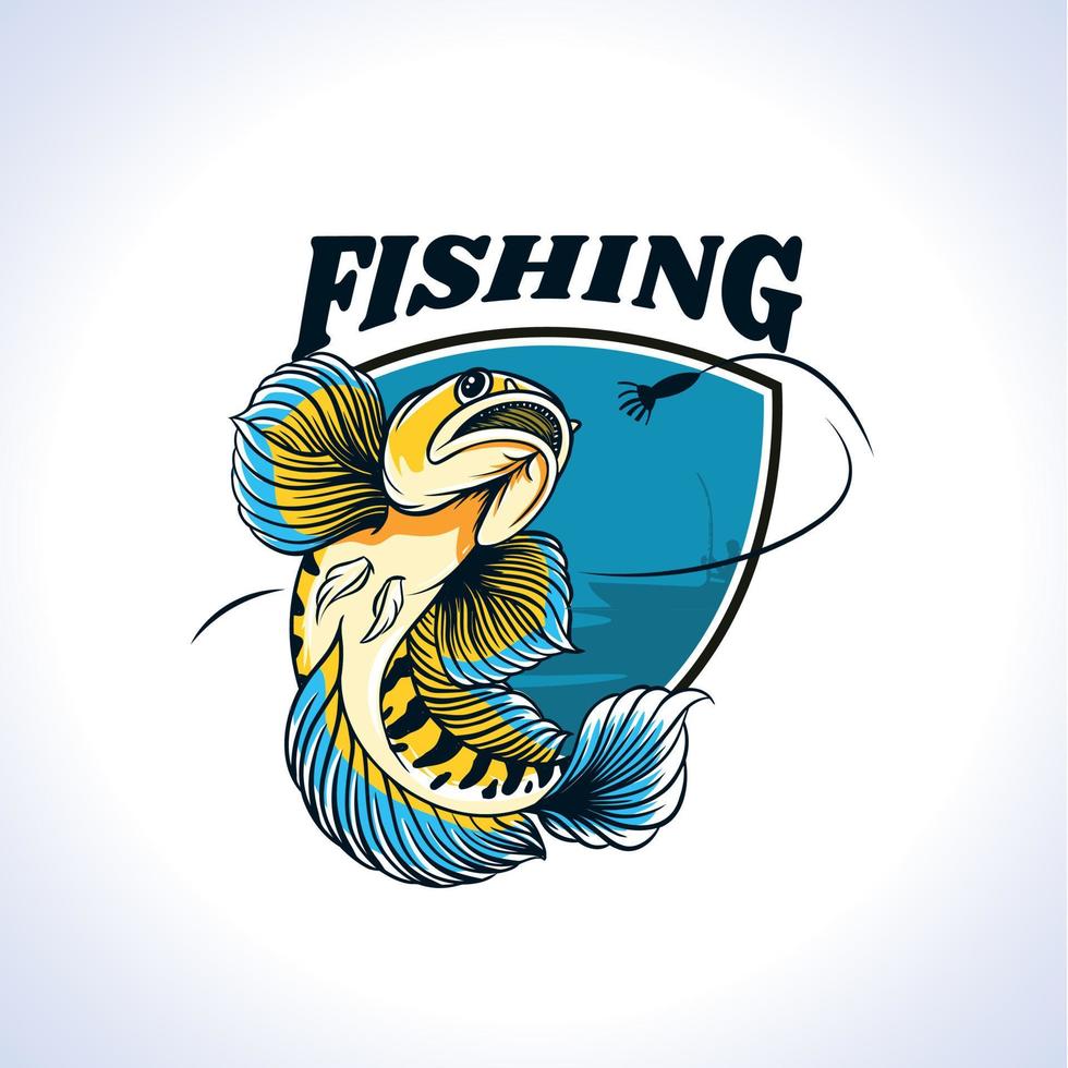 giallo pesce predatore pesca club logo con scudo distintivo vettore