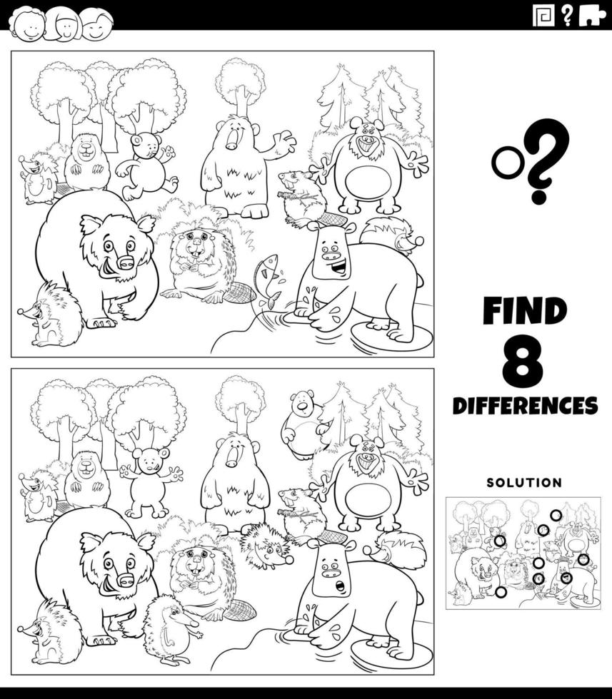 gioco delle differenze con la pagina del libro da colorare degli animali selvatici dei cartoni animati vettore