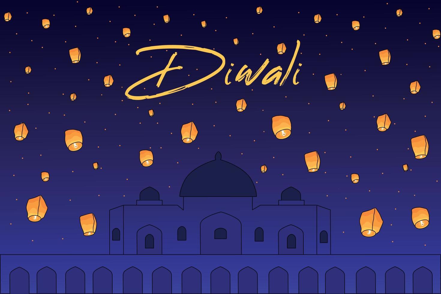 diwali. molti cielo lanterne su il sfondo di un indiano tempio. India. contento Diwali vacanza. illuminato olio lampade. indiano tradizioni vettore
