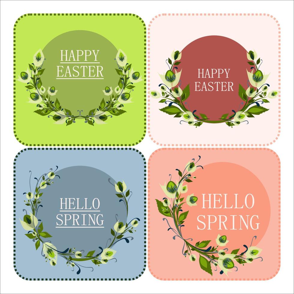 contento Pasqua vacanza e Ciao primavera concetto nel pastello colori cartone animato stile design. isolato vettore saluto carta con Pasqua coniglietto nel decorato con fiori rosa Pasqua uovo