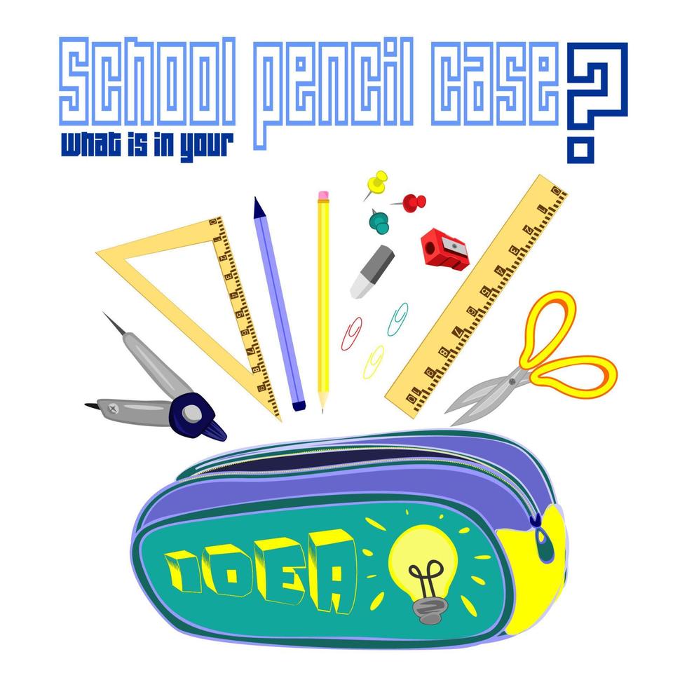 scuola matita Astuccio personale vettore impostato di elementi. educativo clipart collezione. elegante ragazzo scuola matita Astuccio con Stazionario, penne, governanti, gomma, Bussole, temperamatite, e matite.