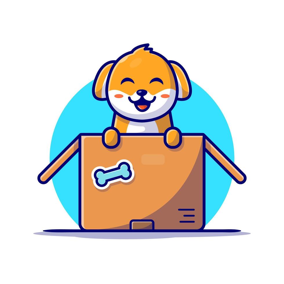 carino cane giocando nel il scatola cartone animato vettore icona illustrazione. animale natura icona concetto isolato premio vettore. piatto cartone animato stile