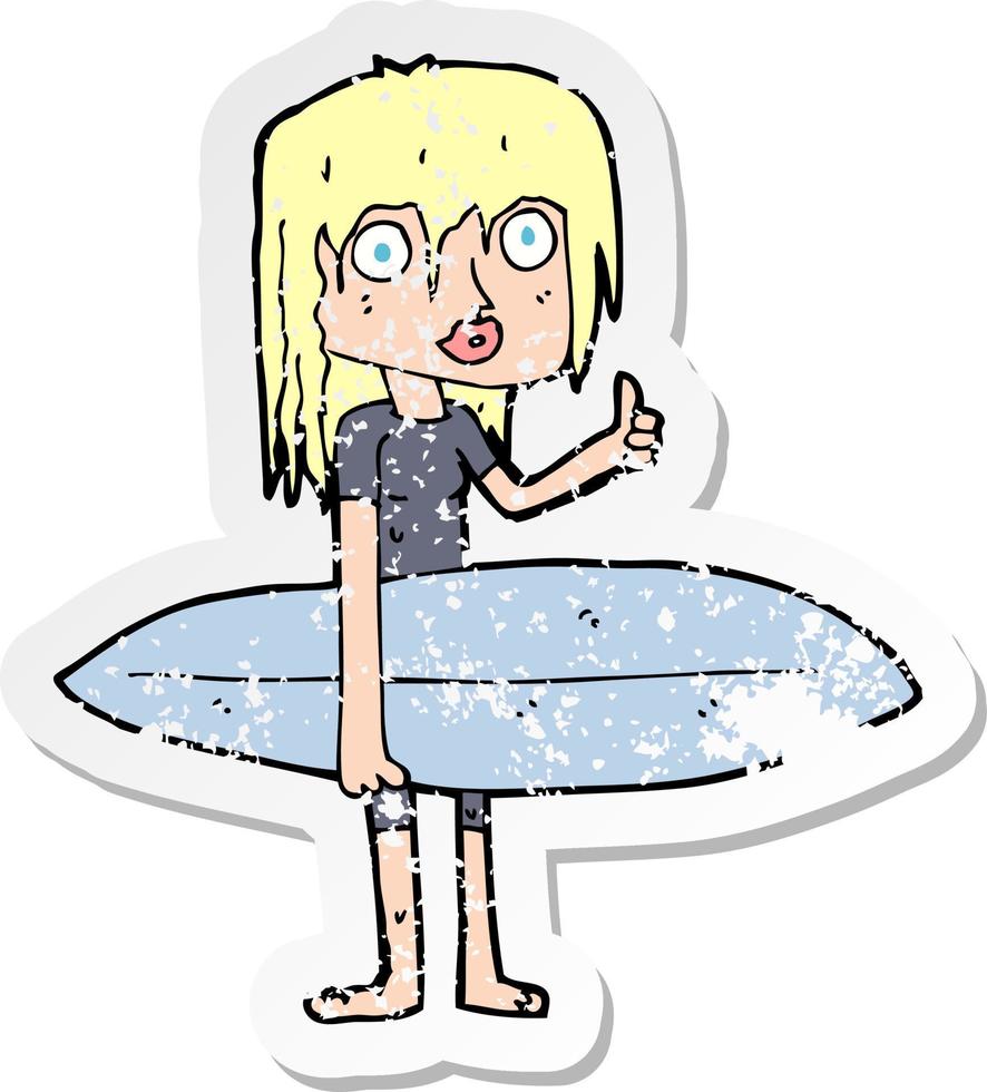 adesivo retrò in difficoltà di una ragazza surfista dei cartoni animati vettore