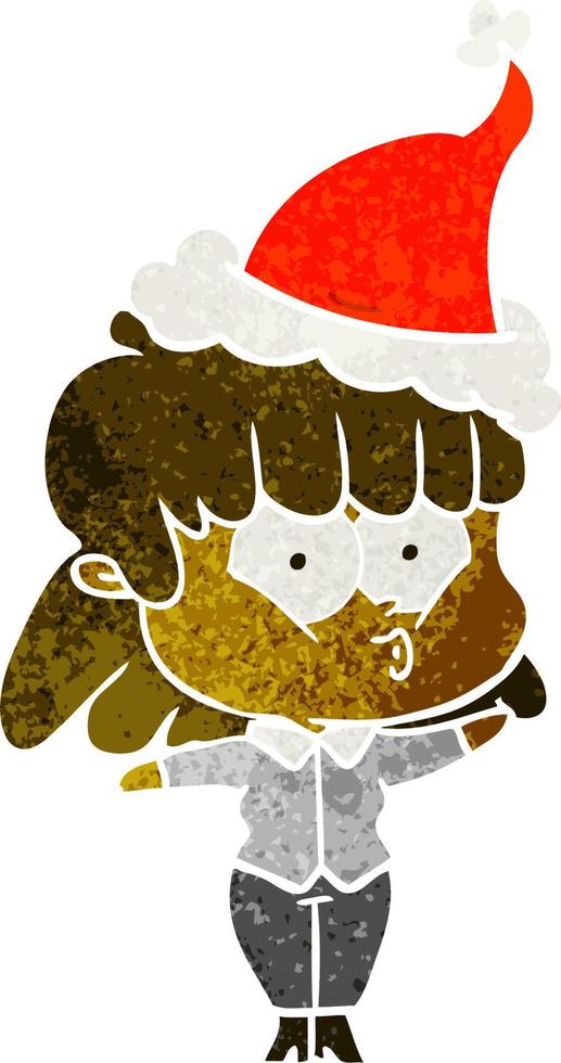 cartone animato retrò di una ragazza che fischietta che indossa il cappello di Babbo Natale vettore