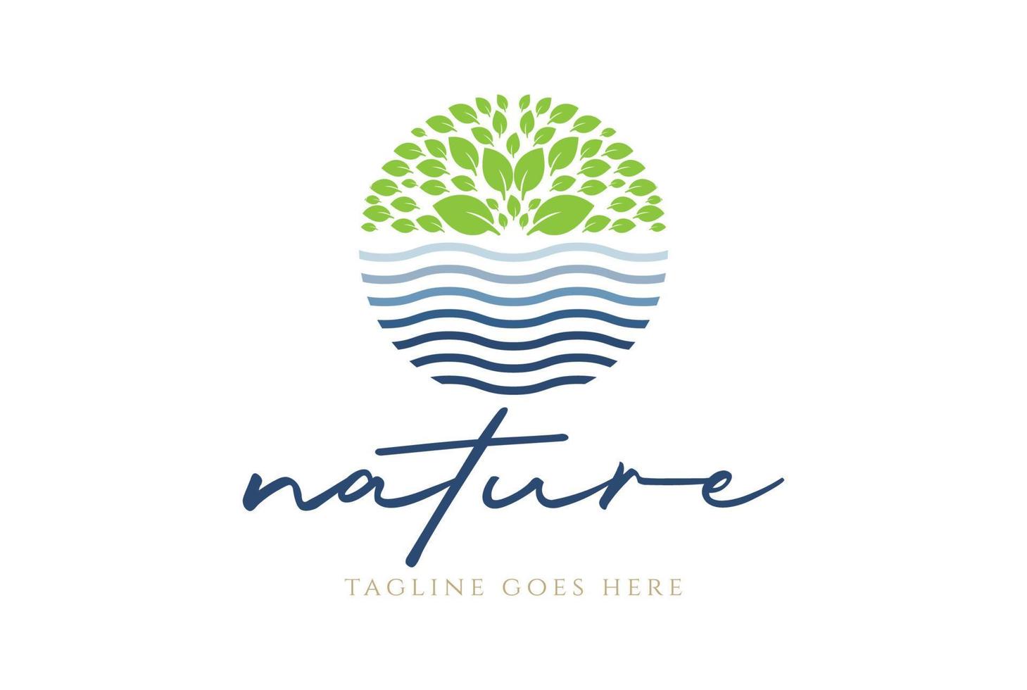 circolare natura verde foglia pianta albero con acqua torrente fiume lago logo design vettore