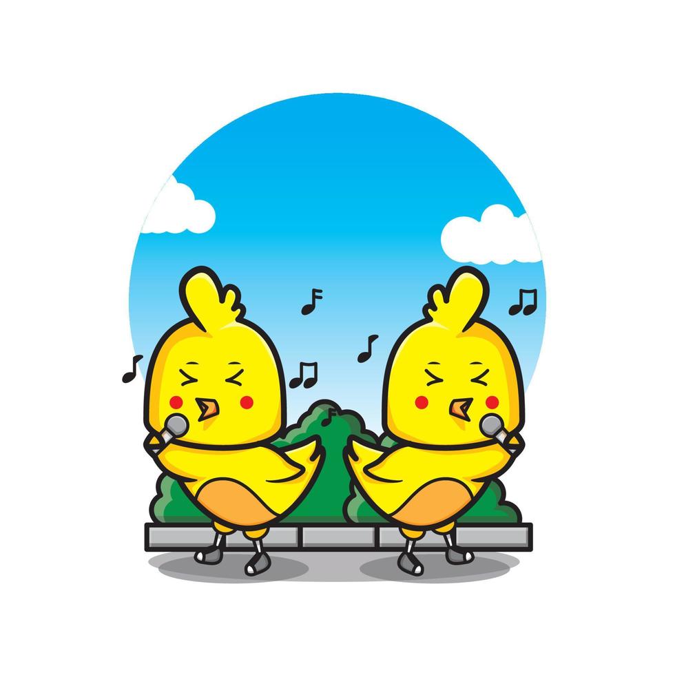 Due carino contento poco pulcino cartone animato praticante cantando nel il giardino vettore
