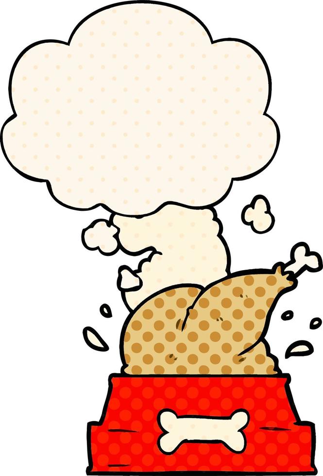 cartone animato cane ciotola con pollo e pensato bolla nel comico libro stile vettore