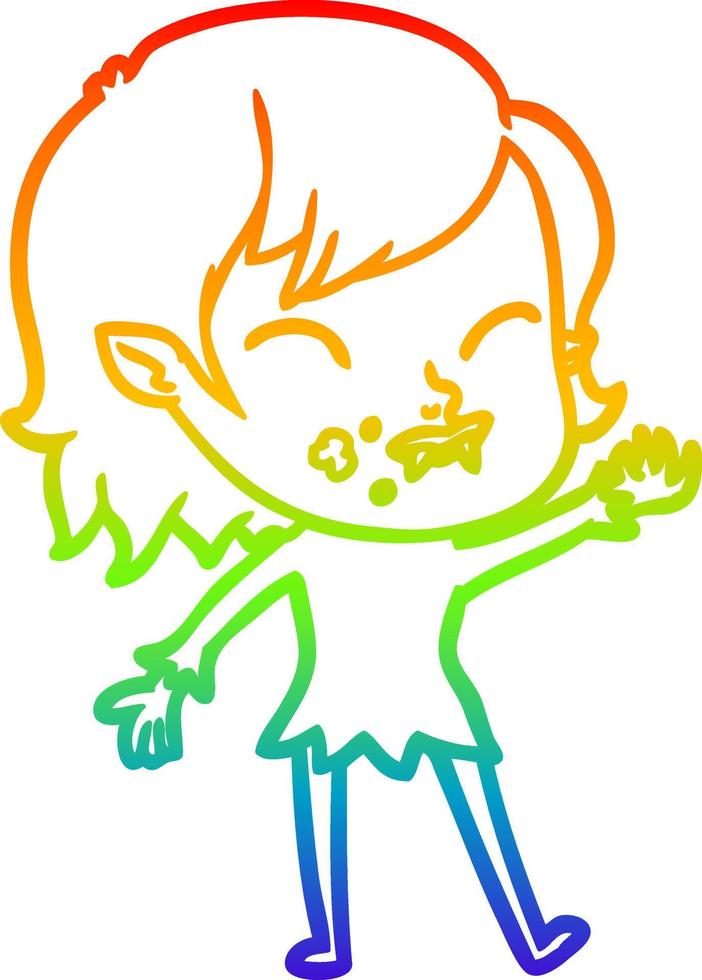 arcobaleno gradiente linea disegno cartone animato vampiro ragazza con sangue sulla guancia vettore