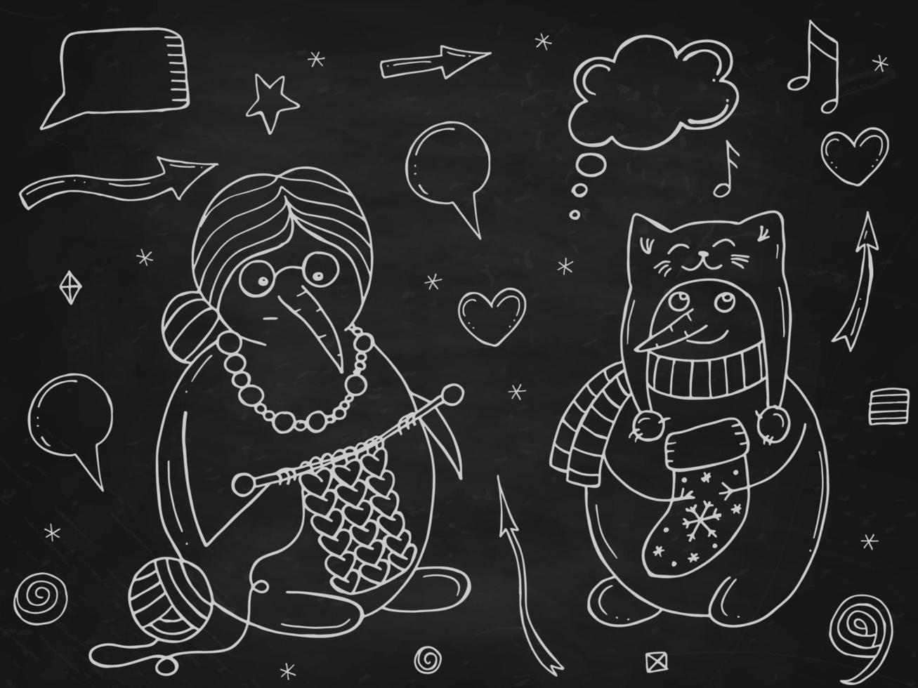 set di simpatici pupazzi di neve su una lavagna nera. illustrazione vettoriale in stile doodle. umore invernale. ciao 2023. buon natale e felice anno nuovo.