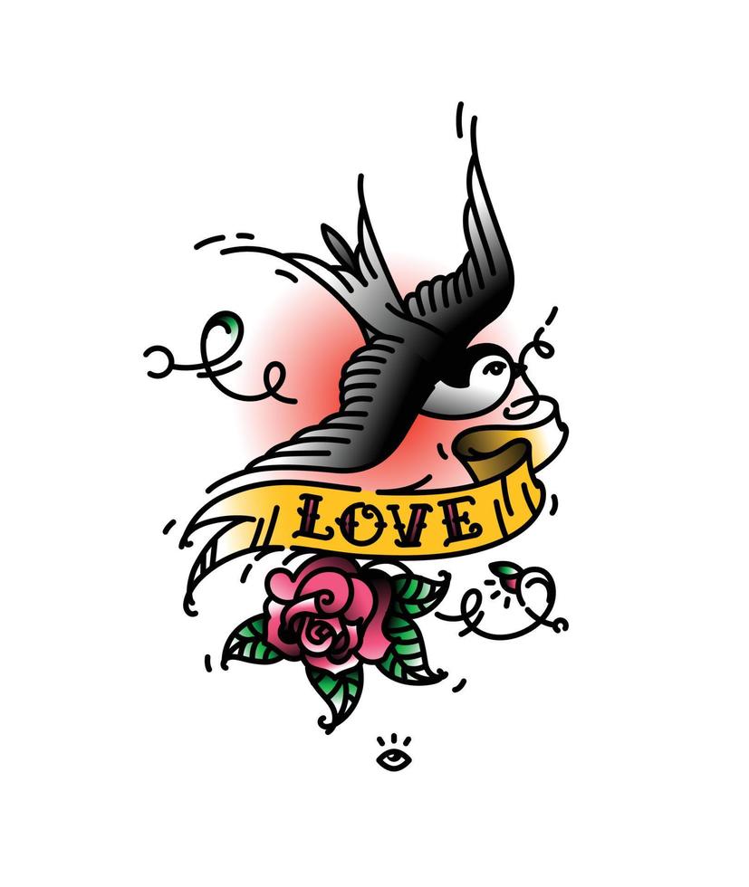 tatuaggio rondini con il iscrizione amore e un' rosa germoglio a partire dal sotto. vettore illustrazione. tatuaggio di un americano vecchio scuola. uccello veloce con nastro e fiore. un' popolare colore tatuaggio.