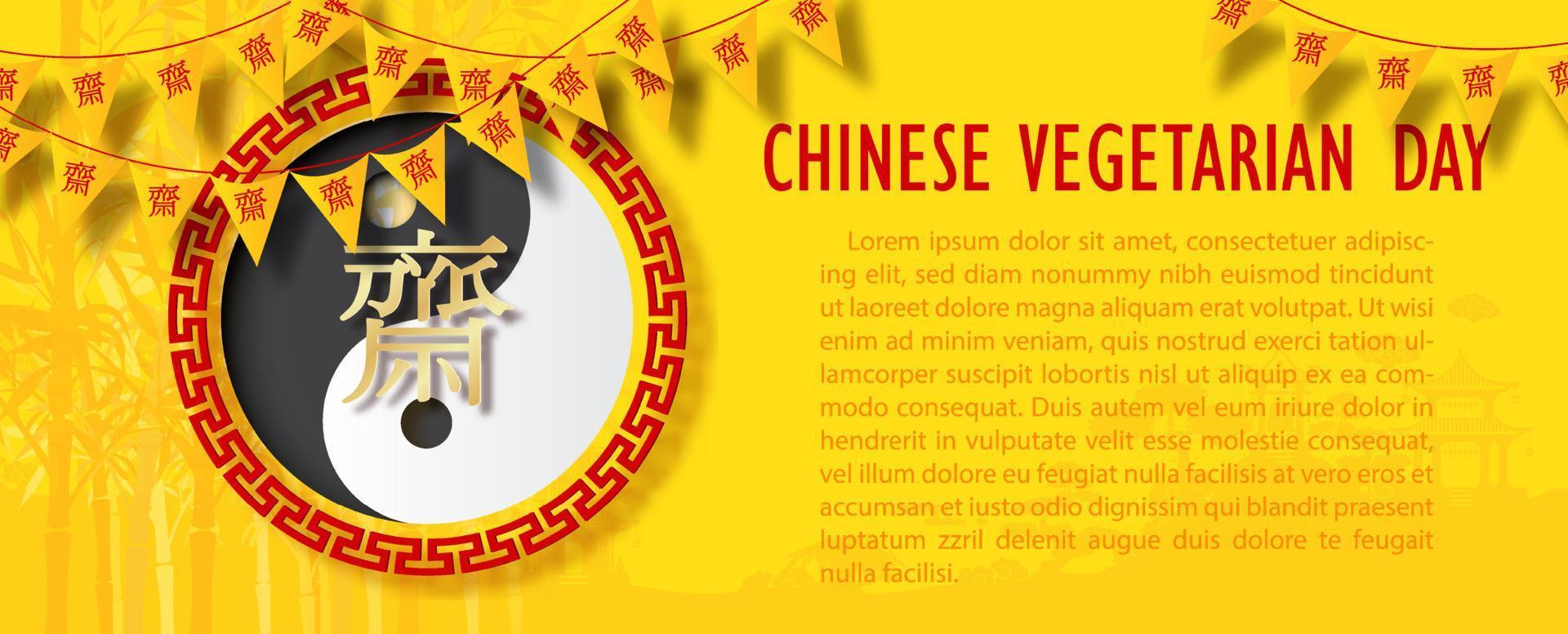Cinese vegetariano Festival triangolo bandiera su d'oro Cinese testo e decorazione cerchio, esempio testi e giallo sfondo. Cinese lettere è senso digiuno per culto Budda nel inglese. vettore