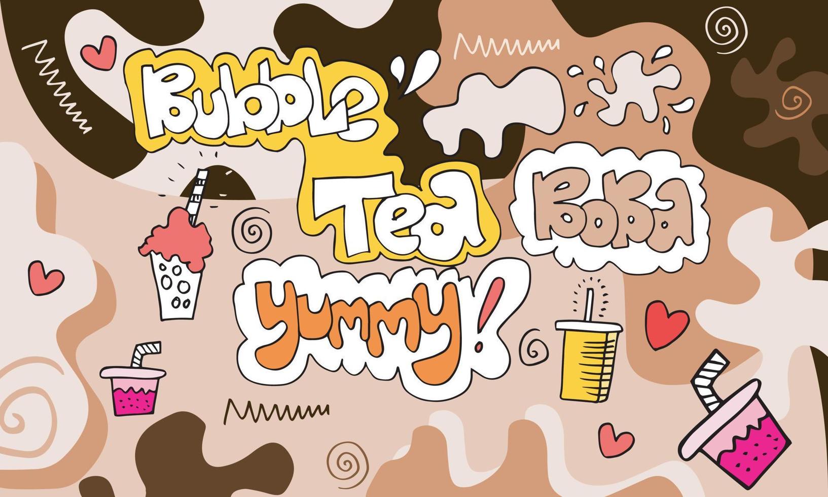 bubble milk tea promozioni speciali design, boba milk tea, pearl milk tea, deliziose bevande, caffè e bibite con logo e banner pubblicitario in stile doodle. illustrazione vettoriale. vettore