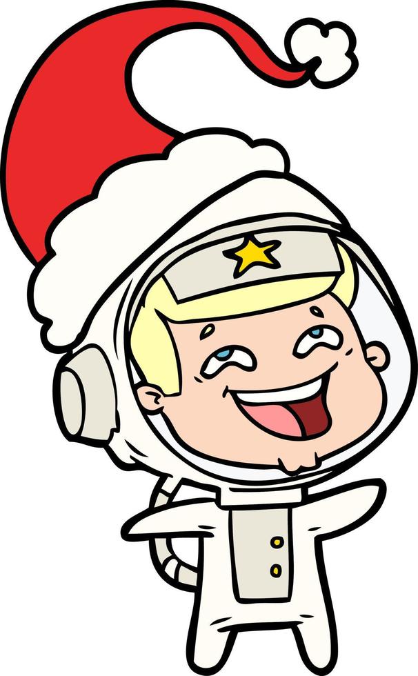 disegno a tratteggio di un astronauta ridente che indossa il cappello di Babbo Natale vettore