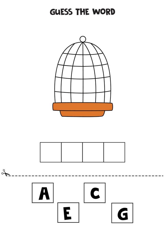 ortografia gioco per bambini. cartone animato uccello gabbia. vettore