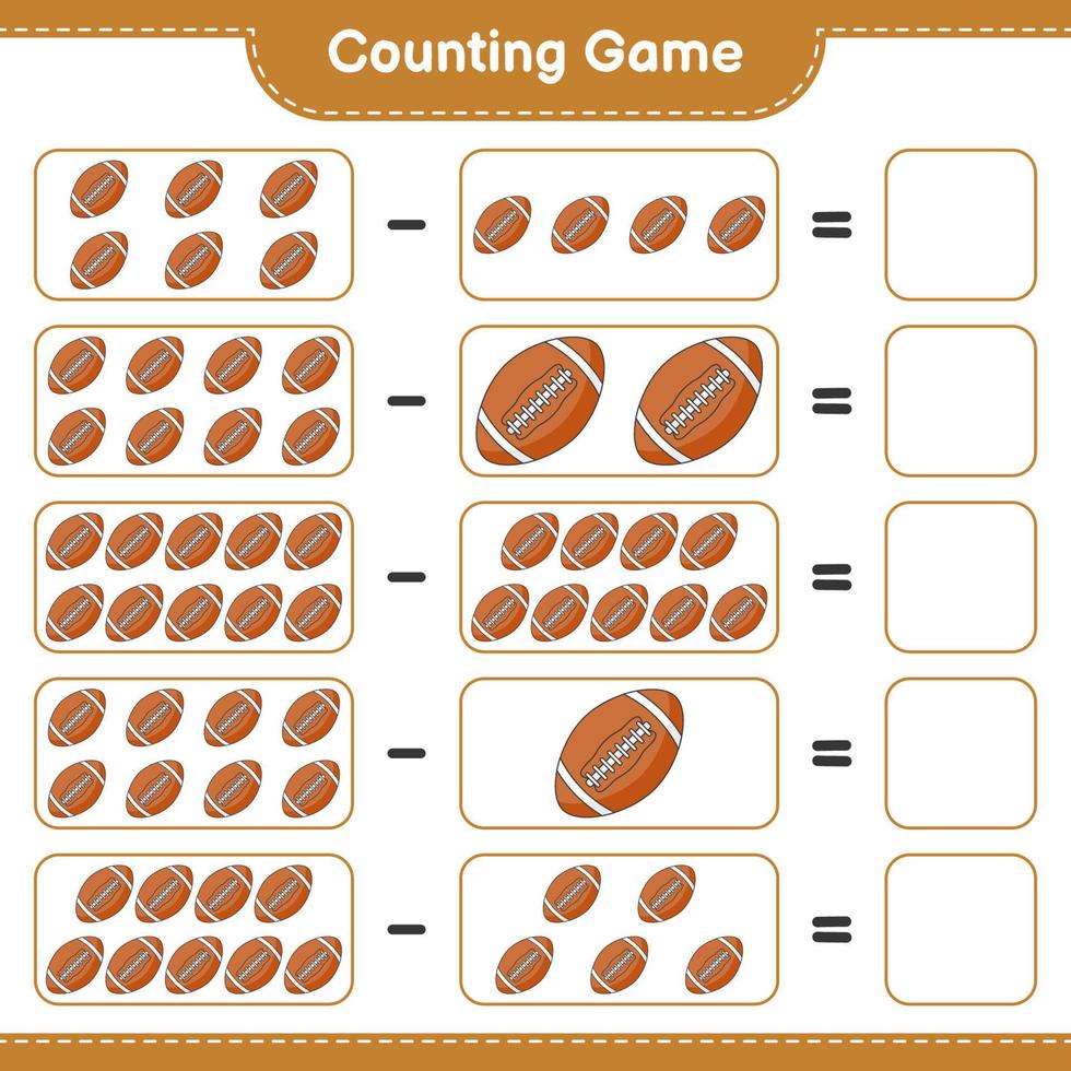 conta e abbina, conta il numero di palloni da rugby e abbina con i numeri giusti. gioco educativo per bambini, foglio di lavoro stampabile, illustrazione vettoriale