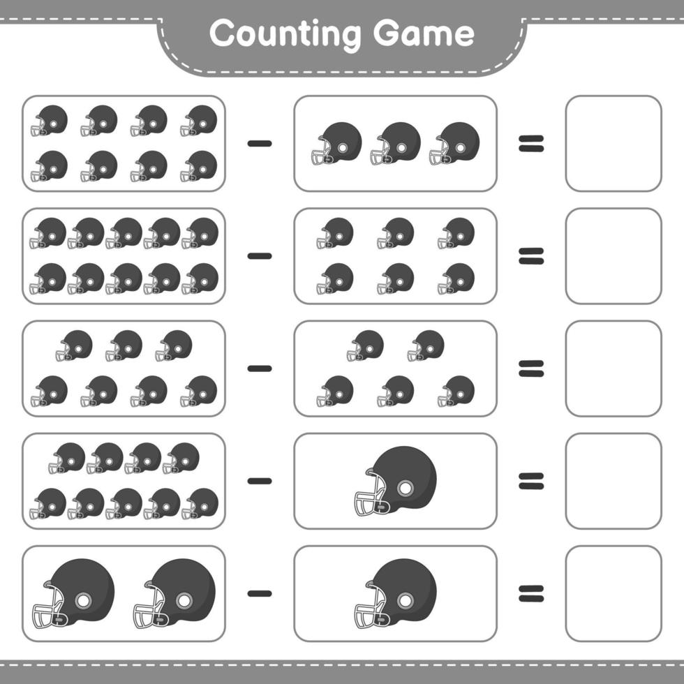 conta e abbina, conta il numero di casco da calcio e abbina con i numeri giusti. gioco educativo per bambini, foglio di lavoro stampabile, illustrazione vettoriale