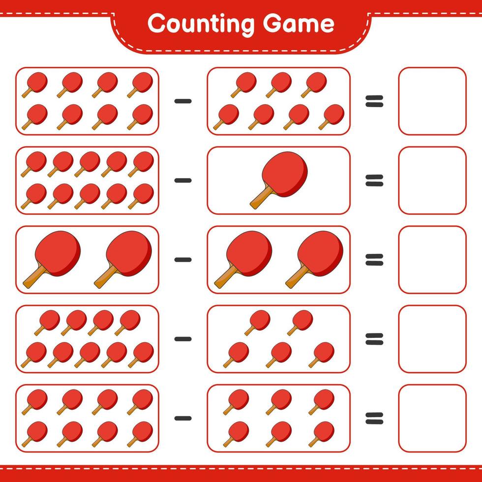 contare e abbinare, contare il numero di racchetta da ping pong e abbinare con i numeri giusti. gioco educativo per bambini, foglio di lavoro stampabile, illustrazione vettoriale