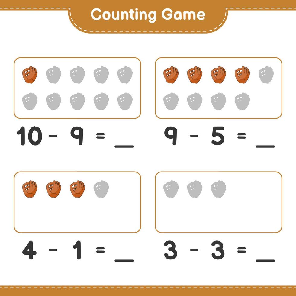 conta e abbina, conta il numero di guanti da baseball e abbina con i numeri giusti. gioco educativo per bambini, foglio di lavoro stampabile, illustrazione vettoriale