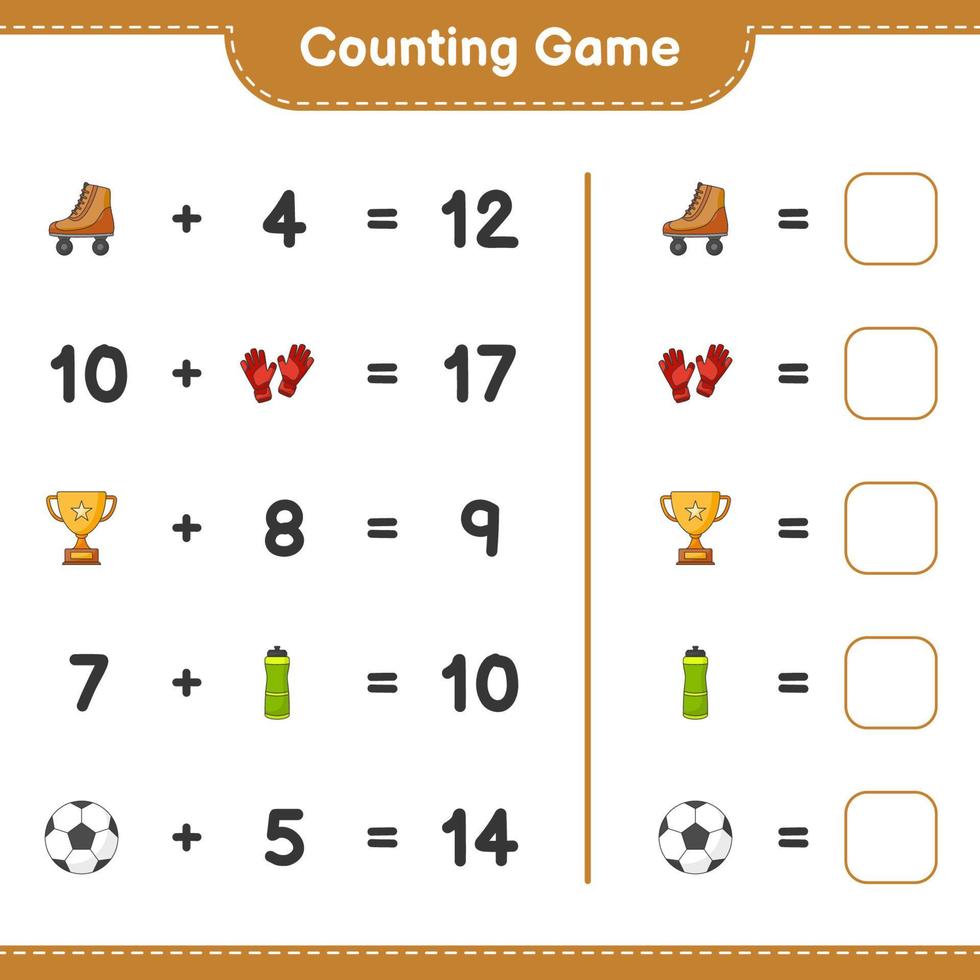 contare e incontro, contare il numero di acqua bottiglia, trofeo, calcio sfera, portiere guanti, rullo pattinare e incontro con il giusto numeri. educativo bambini gioco, stampabile foglio di lavoro vettore