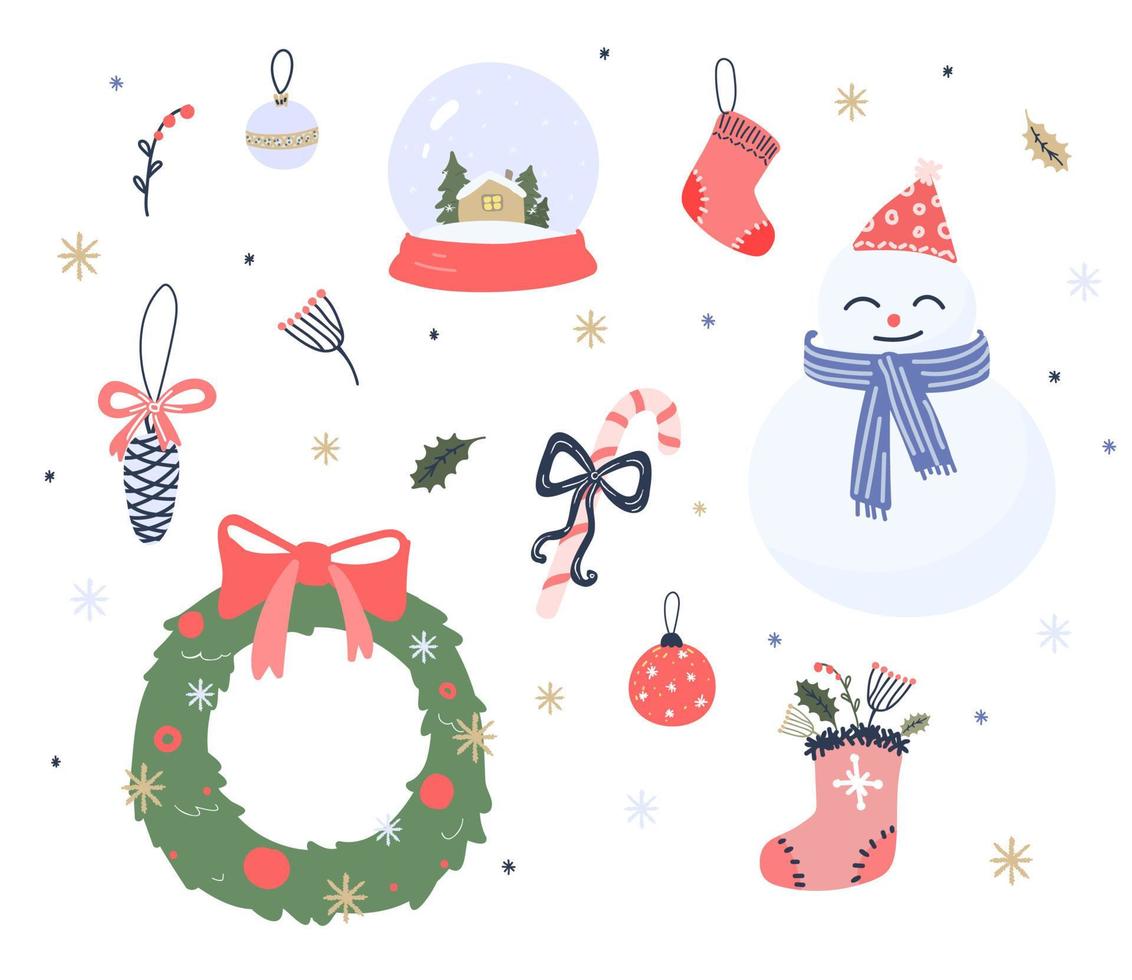 vettore impostato di carino Natale elementi pupazzo di neve, Santa Claus calzino, Natale albero, Natale albero decorazioni, fiocchi di neve.