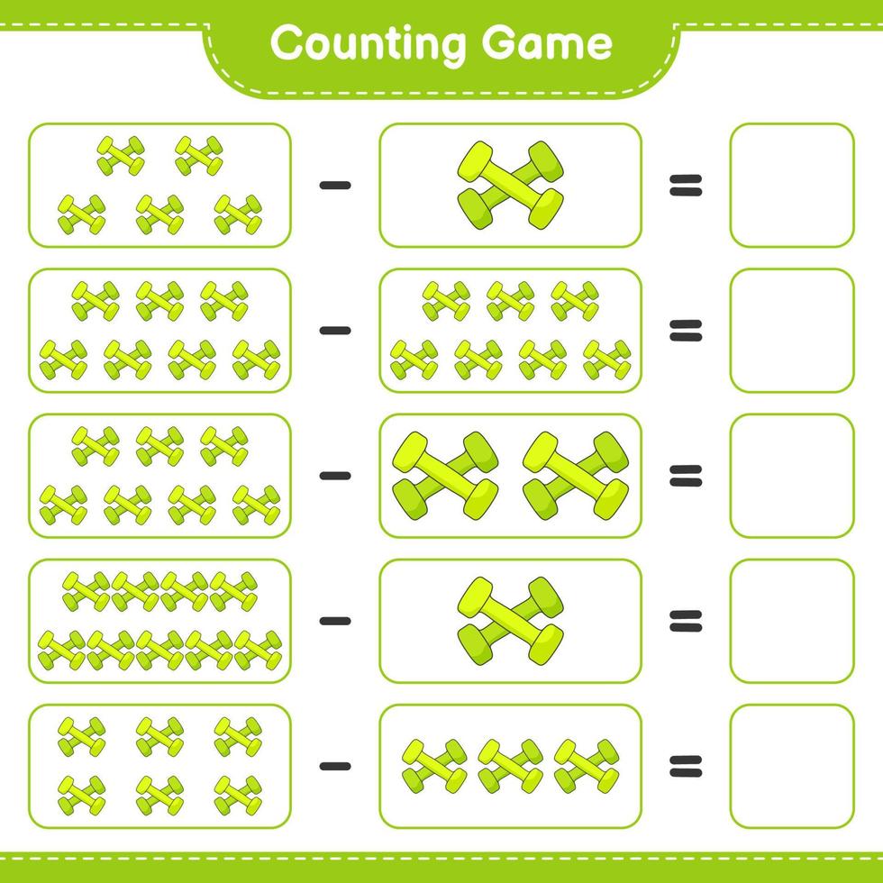 conta e abbina, conta il numero di manubri e abbina i numeri giusti. gioco educativo per bambini, foglio di lavoro stampabile, illustrazione vettoriale