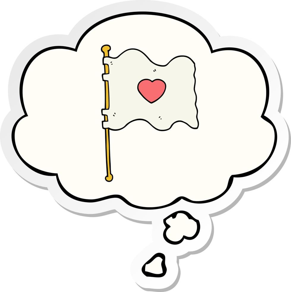 cartone animato bandiera con amore cuore e pensato bolla come un' stampato etichetta vettore