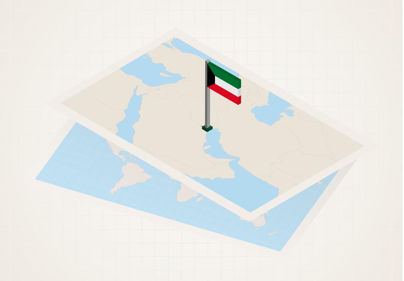 Kuwait selezionato su carta geografica con isometrico bandiera di Kuwait. vettore