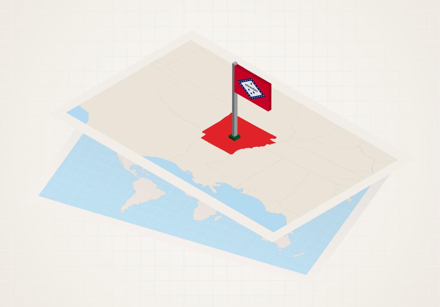 Arkansas stato selezionato su carta geografica con isometrico bandiera di Arkansas. vettore