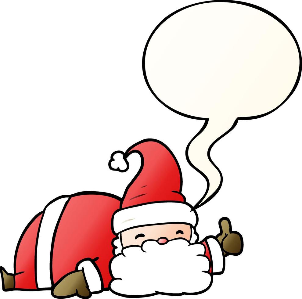 cartone animato assonnato Santa dando pollici su simbolo e discorso bolla nel liscio pendenza stile vettore
