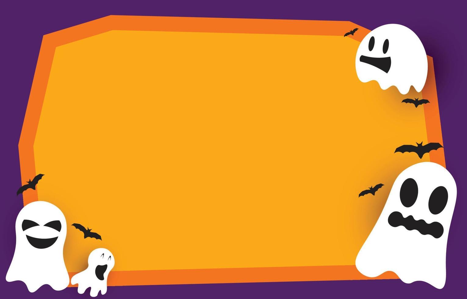 sfondo di carta bianca arancione con fantasmi e pipistrelli spaventosi e divertenti, con spazio per la copia per il design di halloween, illustrazione vettoriale. vettore
