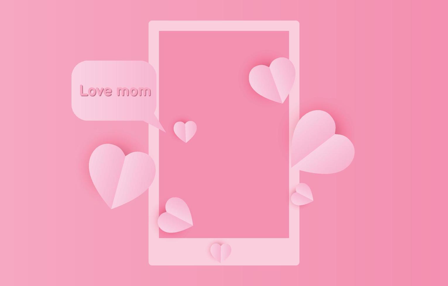 vettore illustrazione di mobile telaio, invio Messaggio contento La madre di giorno, decorato con leggero rosa carta tagliare cuori, sociale media concetto.