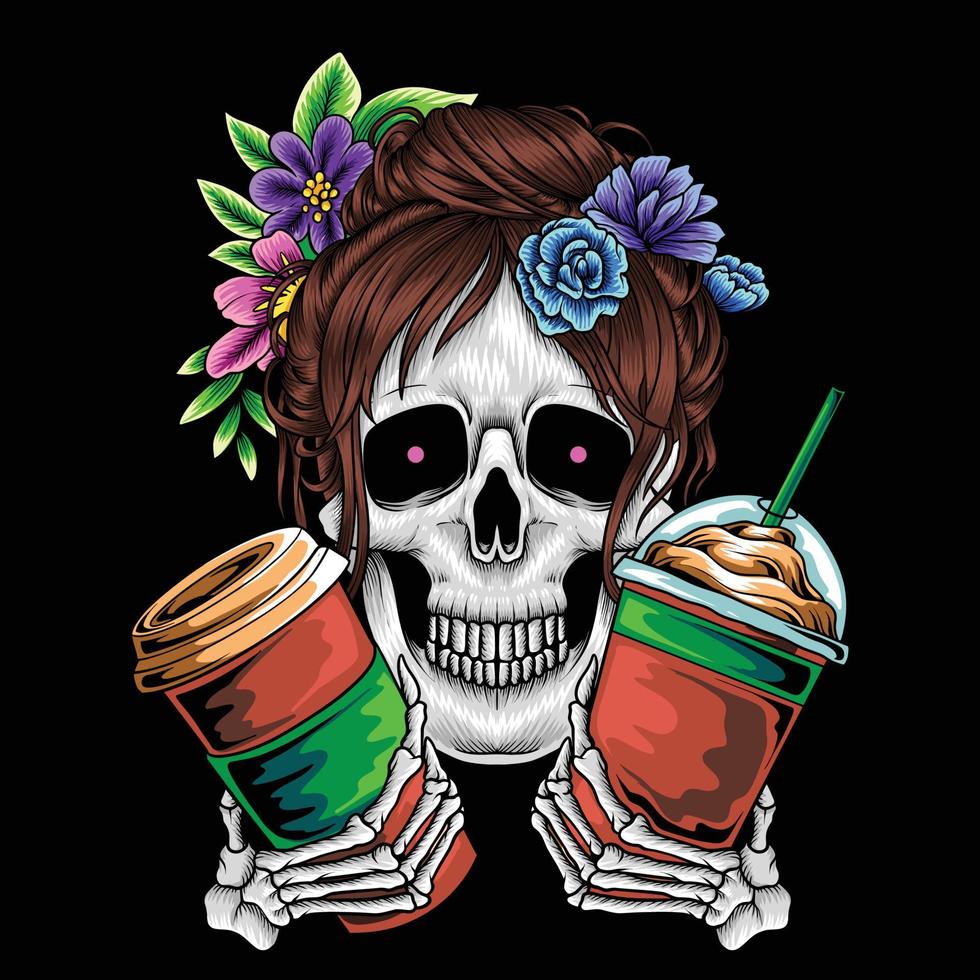 femmina cranio con ghiaccio caffè e fiore vettore