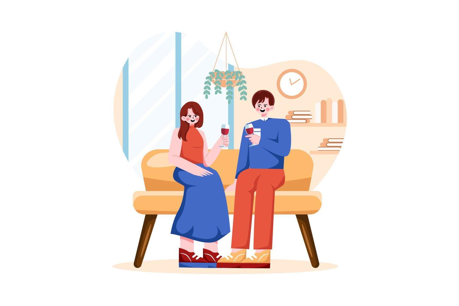 giovane coppia seduta a poltrone nel il camera Tenere bicchieri di vino vettore