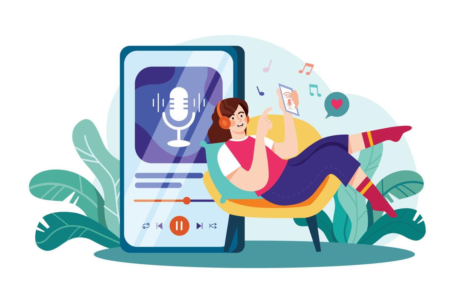 ragazza ascoltando per Podcast musica illustrazione concetto. piatto illustrazione isolato su bianca sfondo vettore