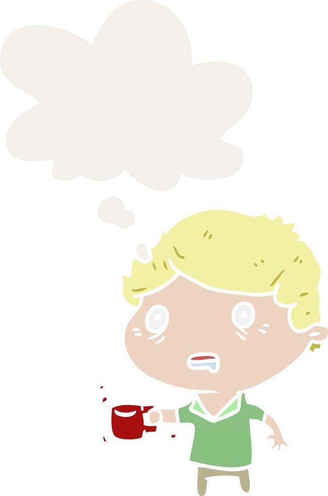 cartone animato uomo con tazza di caffè e pensato bolla nel retrò stile vettore