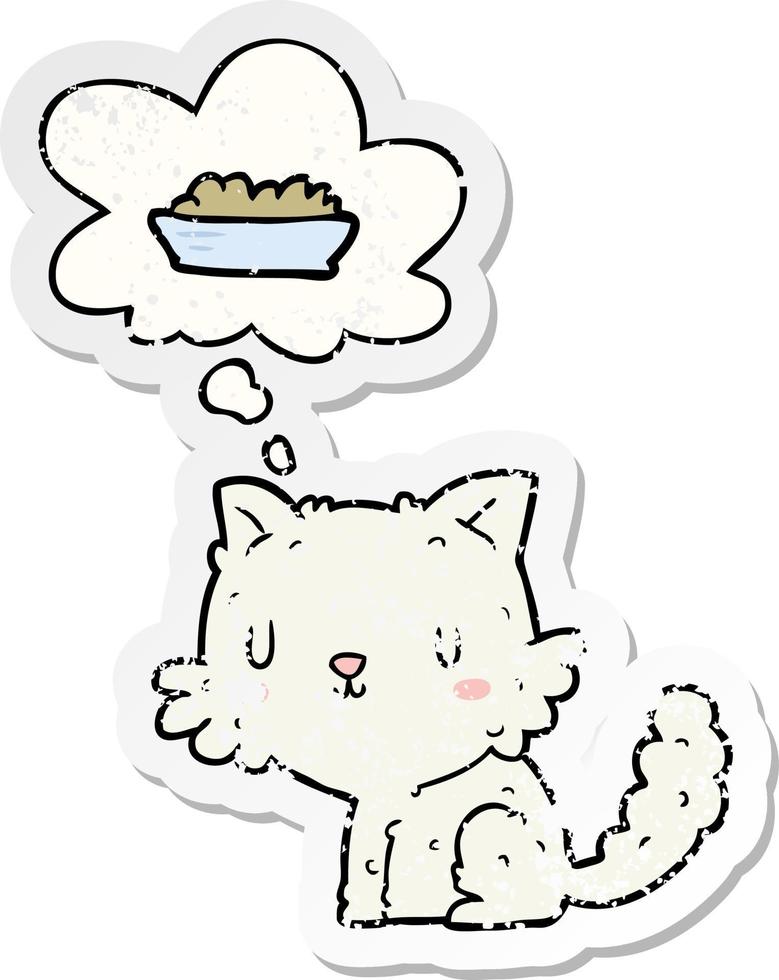 cartone animato gatto e cibo e pensato bolla come un' afflitto logoro etichetta vettore