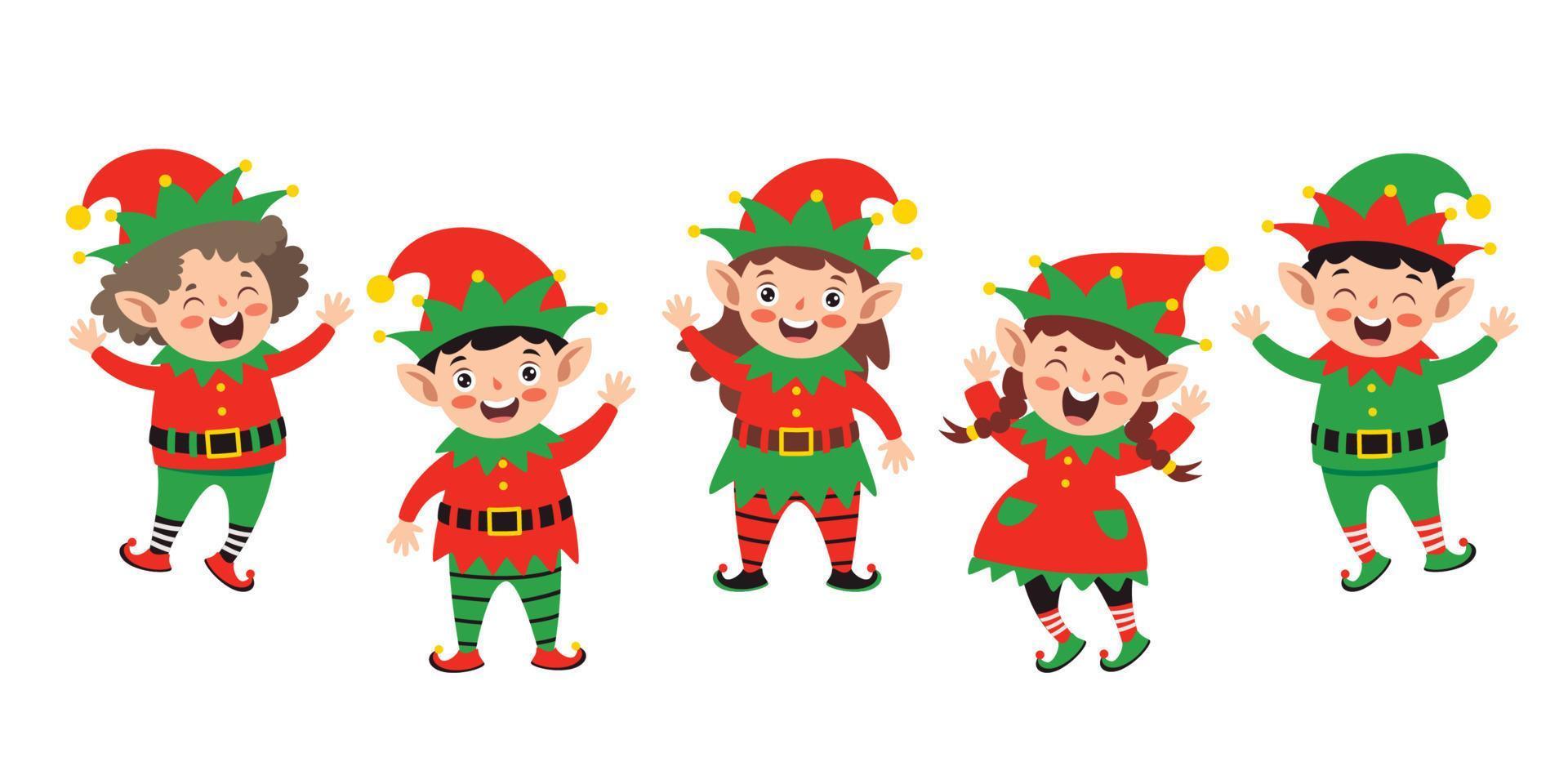 gruppo di cartone animato elfi festeggiare Natale vettore