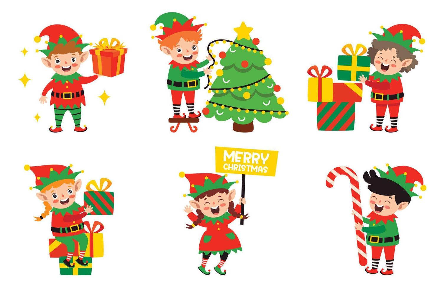 gruppo di cartone animato elfi festeggiare Natale vettore