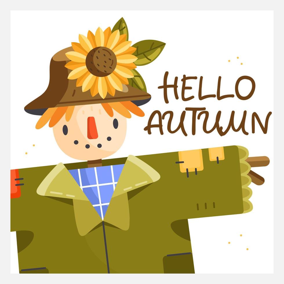 Ciao autunno saluto carta con cartone animato spaventapasseri. vettore autunno manifesto illustrazione.