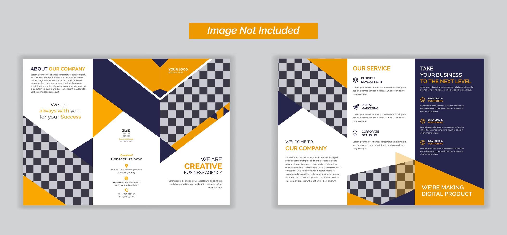 brochure pieghevole arancione tripla per affari e pubblicità, design brochure, modello di brochure, pieghevole creativo, brochure di tendenza vettore