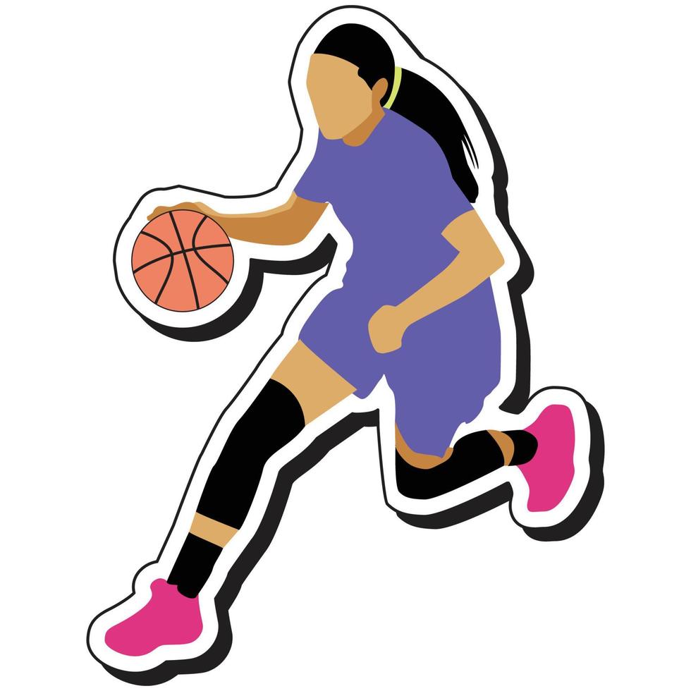 illustrazione etichetta, pallacanestro ragazza in posa dribbling vettore