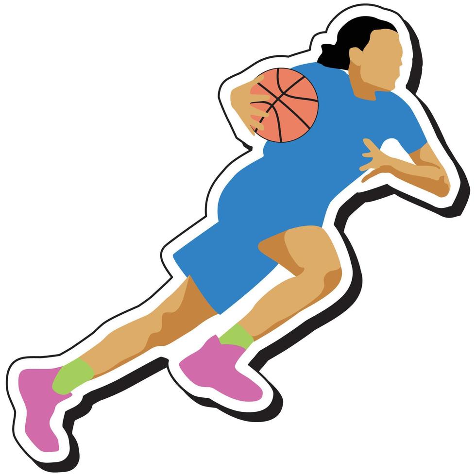 illustrazione etichetta, pallacanestro ragazza in posa dribbling vettore